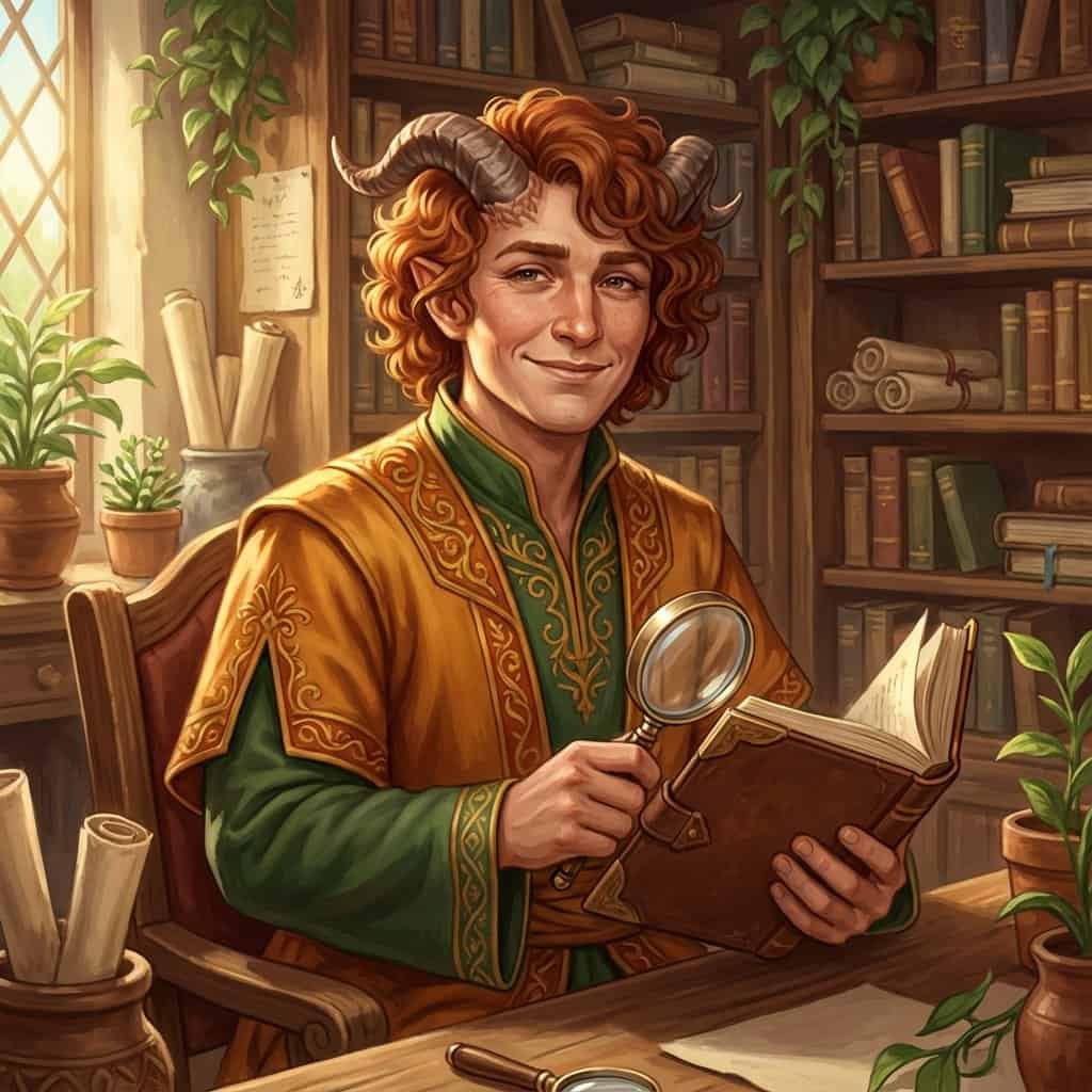 Cheerful tiefling character breaking stereotypes with optimistic personality and scholarly pursuits