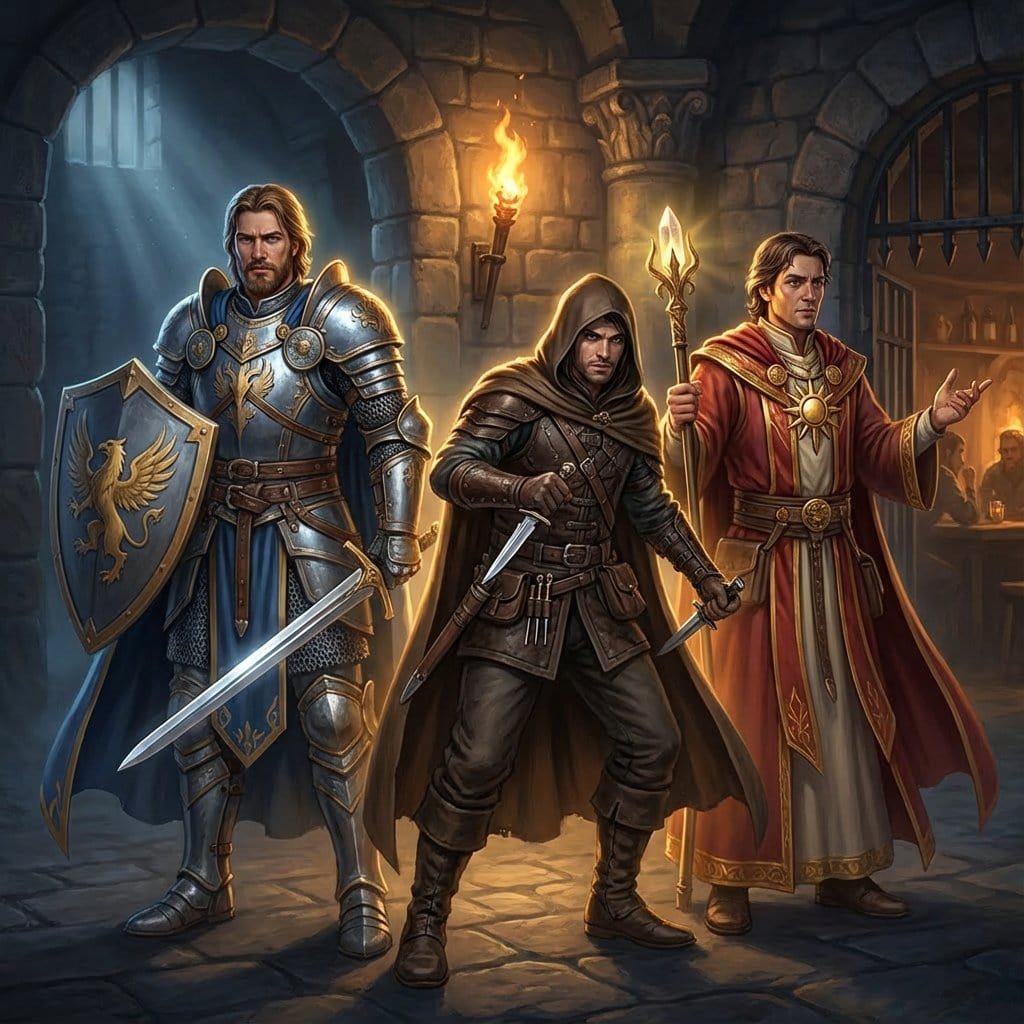 Three optimized D&D characters forming a balanced small party composition