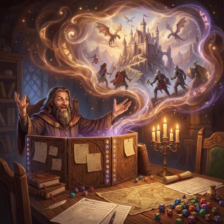 Dungeon Master creating an immersive D&D adventure with storytelling and dice