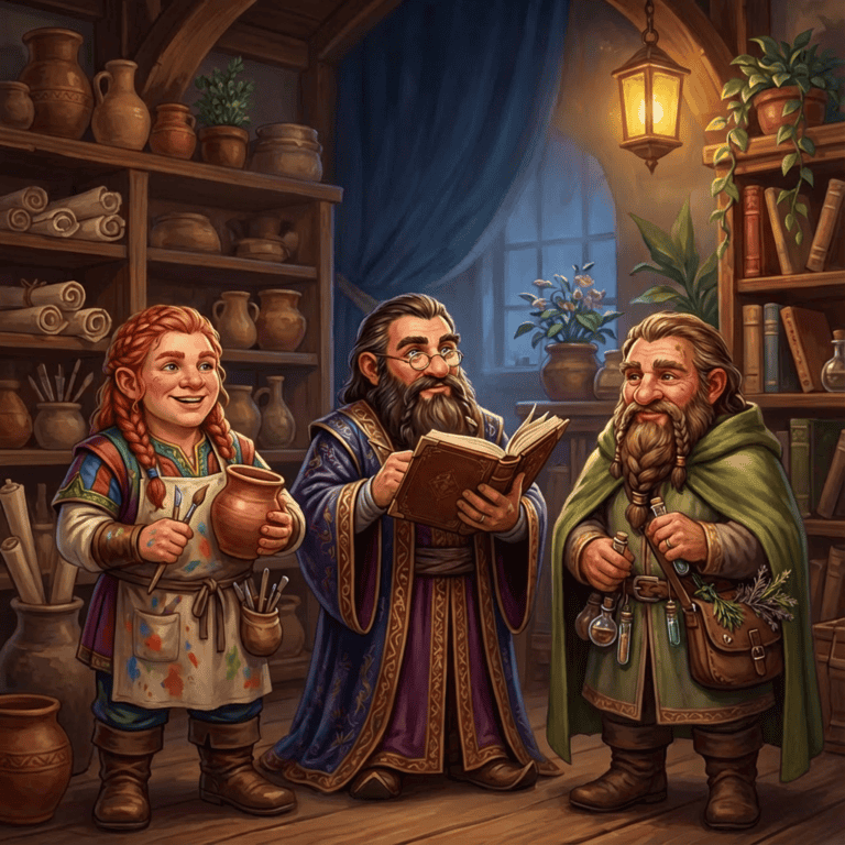 Three diverse dwarf characters showing personality beyond warrior stereotypes
