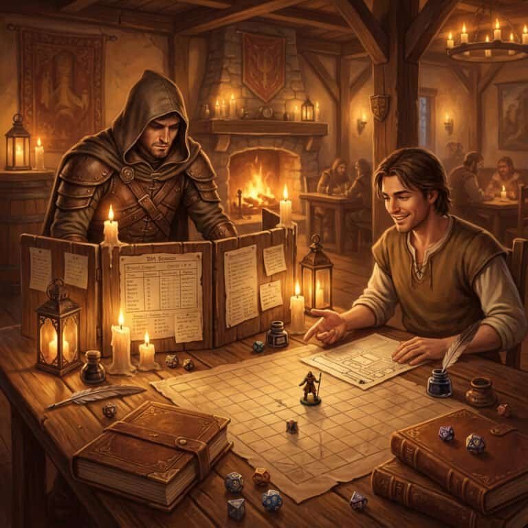 Two players enjoying an intimate D&D session with dice, character sheets, and miniatures