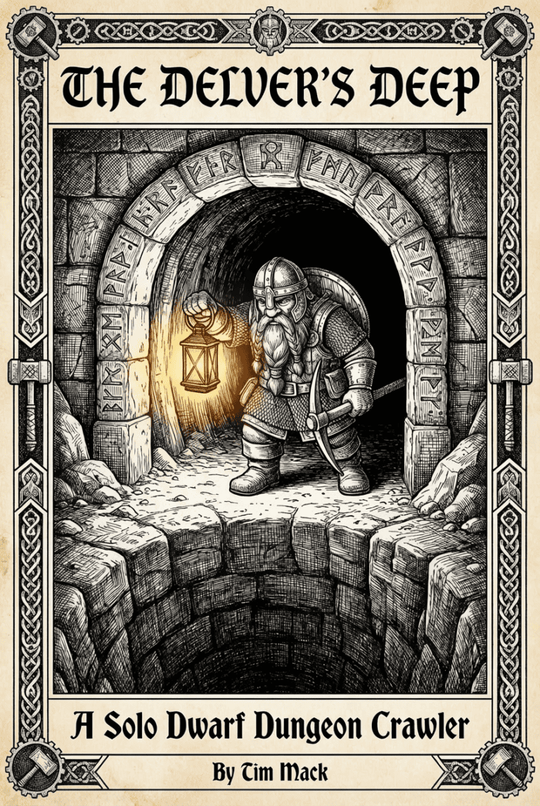 Gnome warrior holding lantern in underground dungeon.