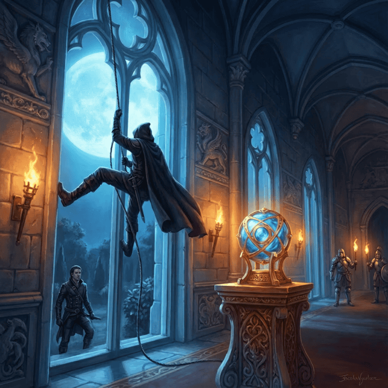 D&D rogue executing a daring heist infiltration through mansion window