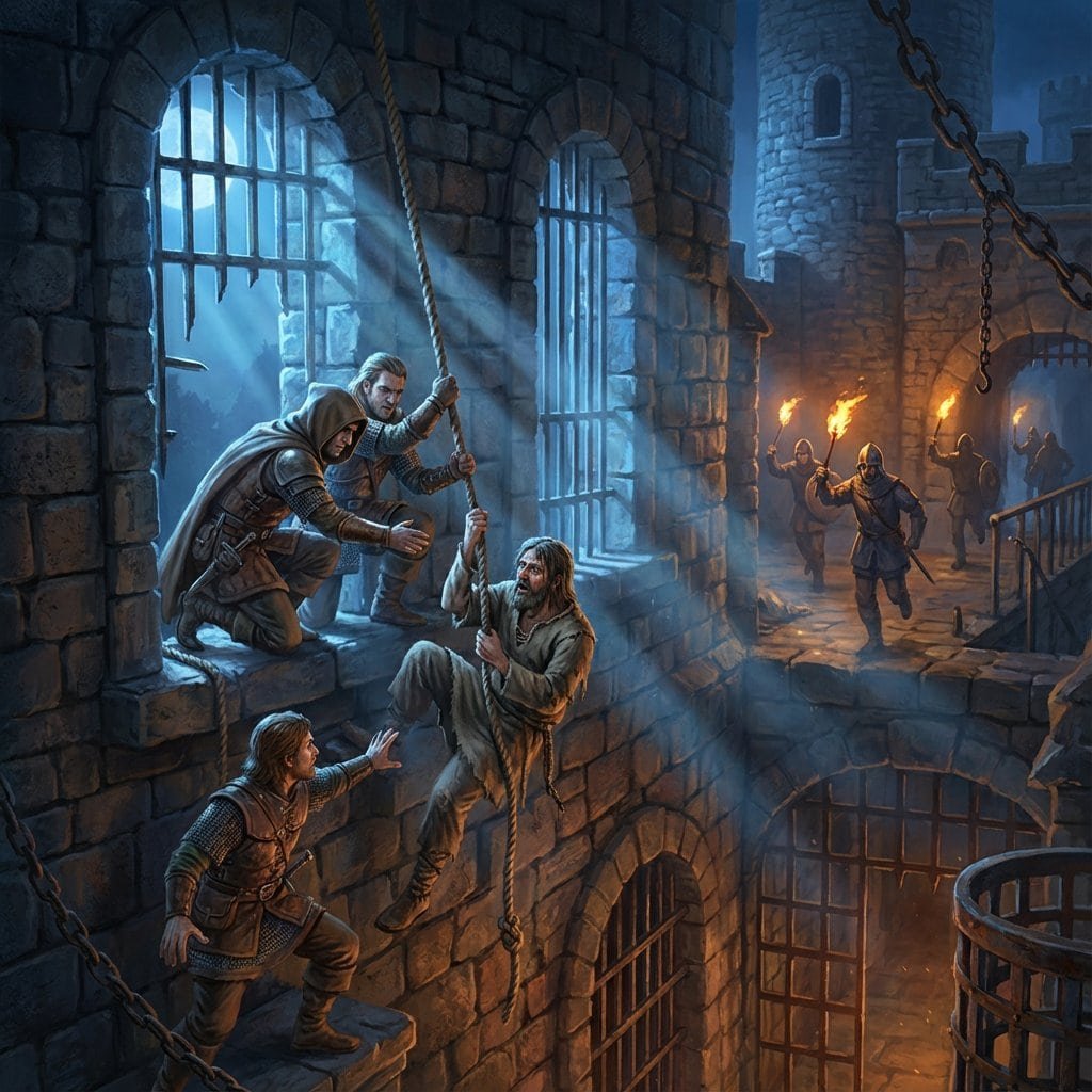 D&D adventurers executing a daring nighttime prison rescue mission