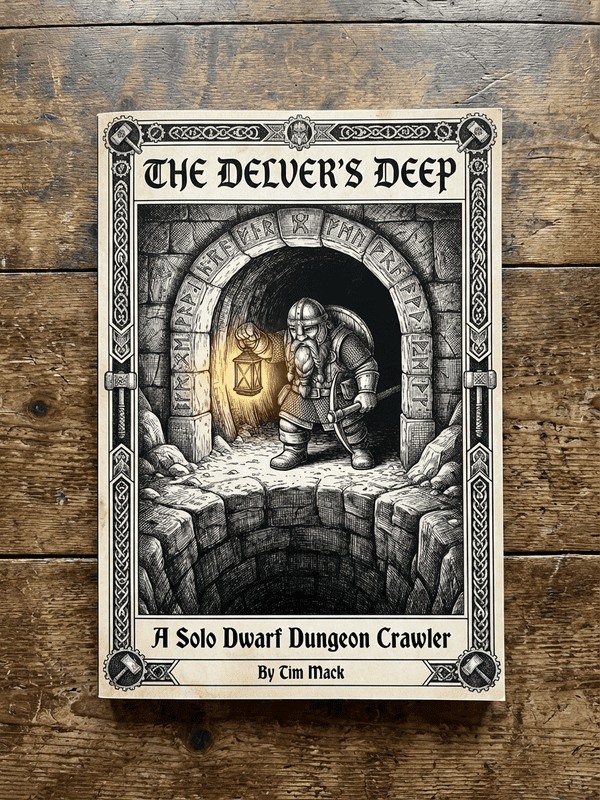 Detailed black-and-white dwarf dungeon crawler cover with lantern, tunnel, and mythic designs.
