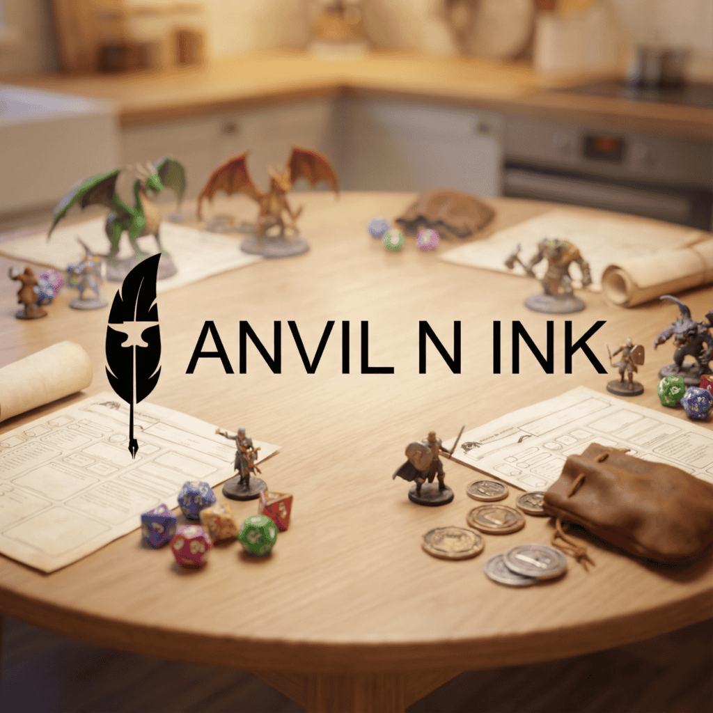 Detailed image of RPG miniatures, dice, and game sheets on a wooden table.