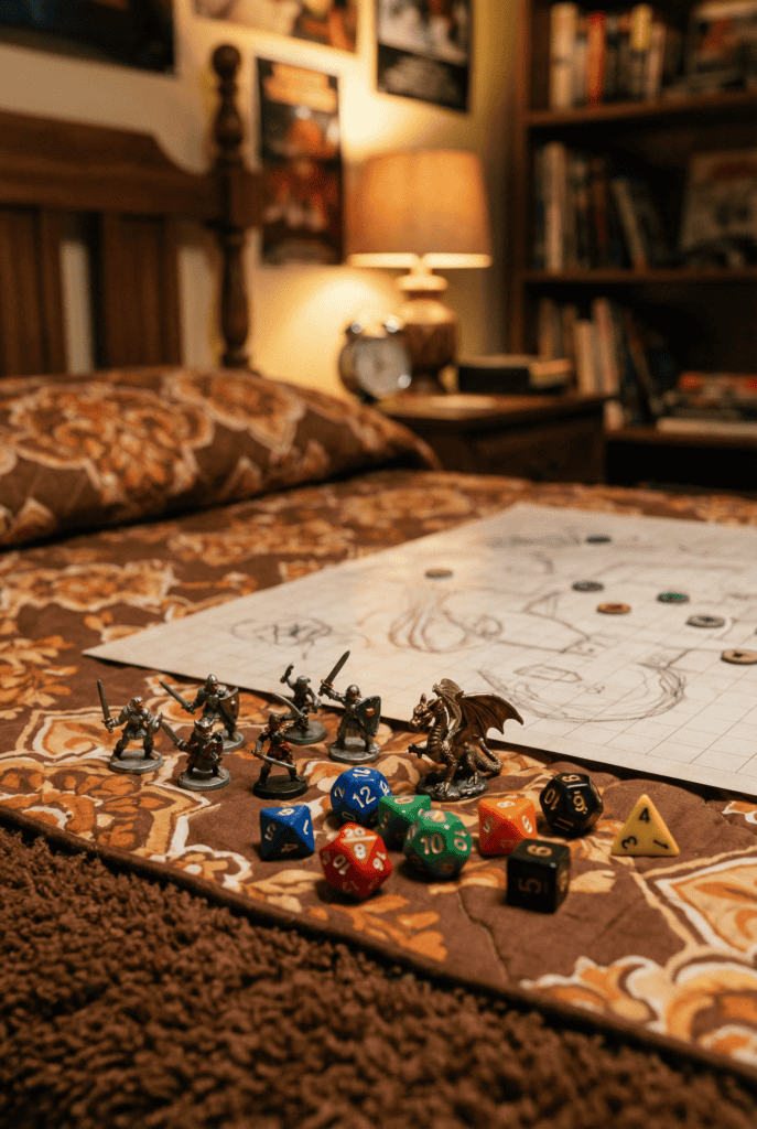 Detailed tabletop game setup featuring mini figures, colorful dice, and game chart.