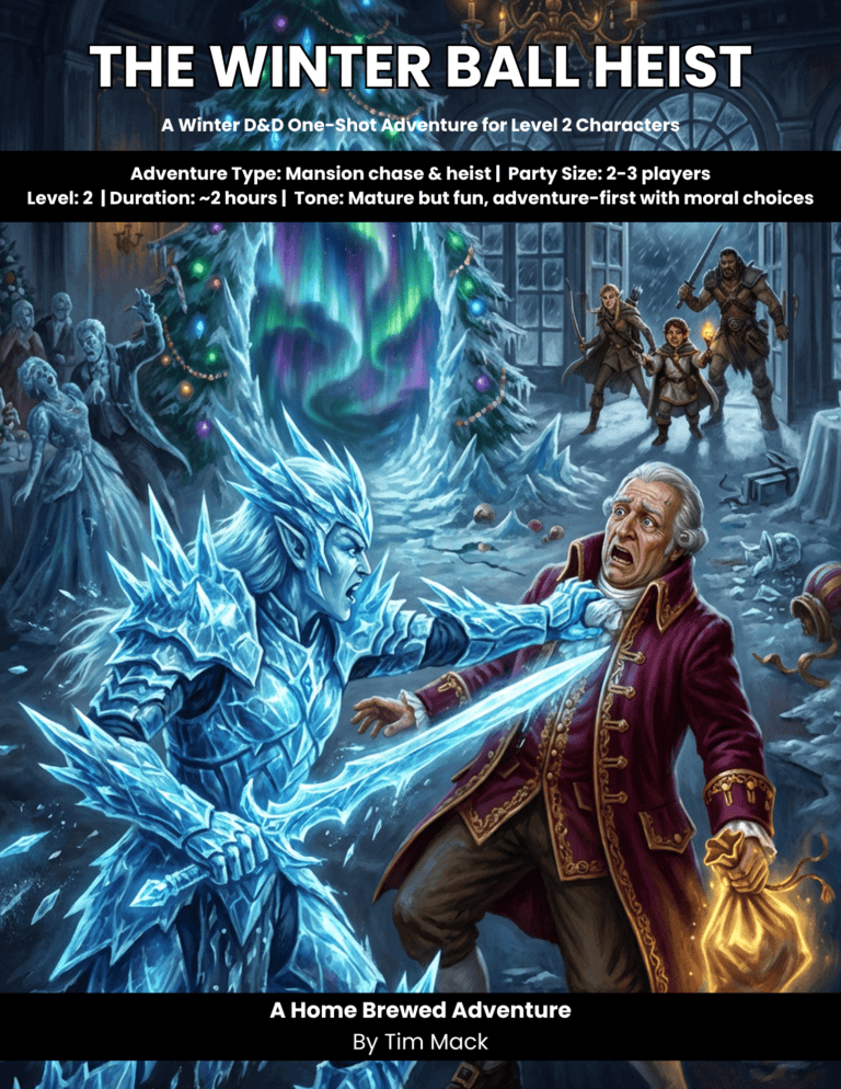 A wizard and icy dragon fight during a festive winter party with decorated trees and gathered guests.