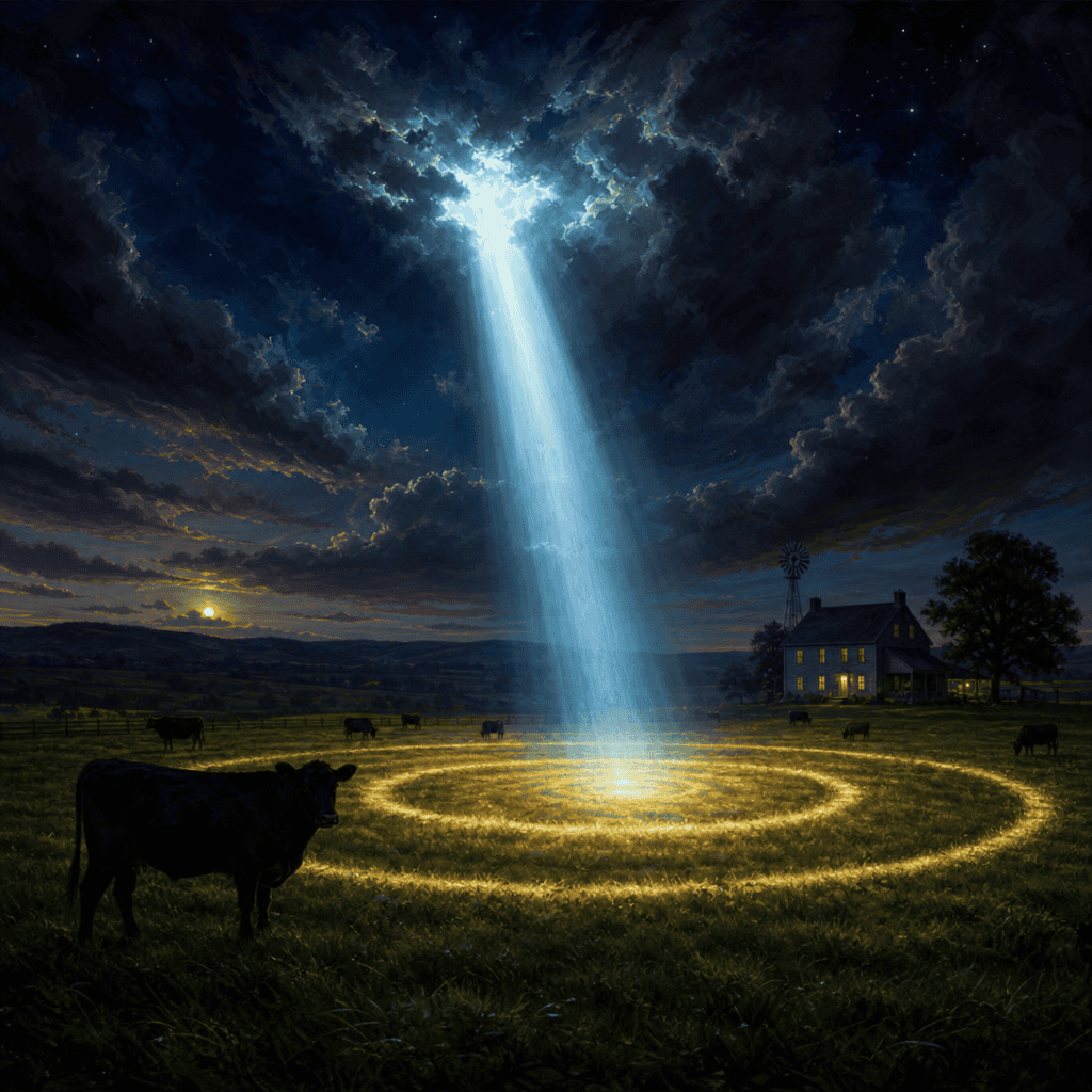 A glowing crop-circle ring and a cold beam of light over a night pasture — aliens in D&D intruding on a quiet farm