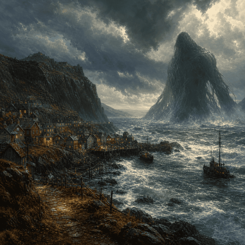 A storm-lit coastline for a coastal D&D one-shot — a fishing town below cliffs with a vast dark shape rising offshore
