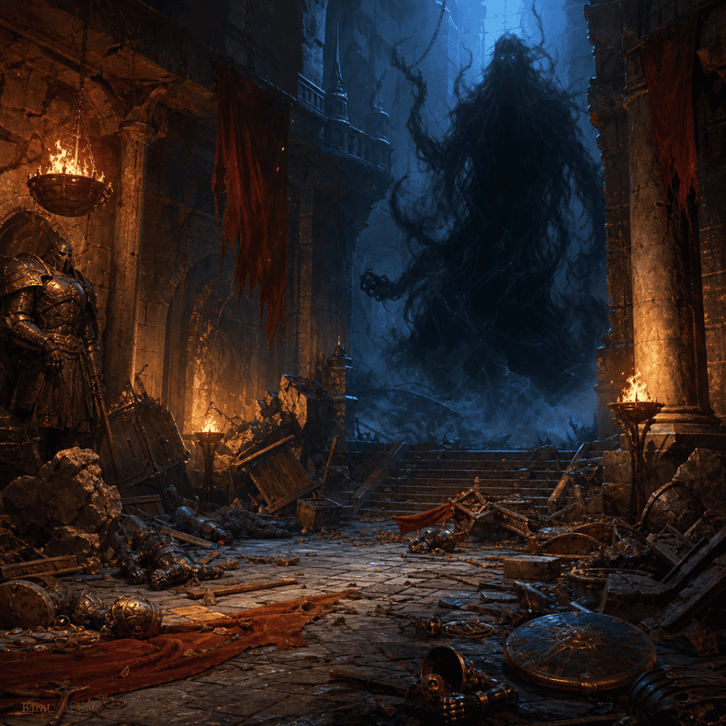 An over-matched adventuring party cracking nervous jokes as a monstrous shadow looms behind them — a comedy horror one-shot for D&D