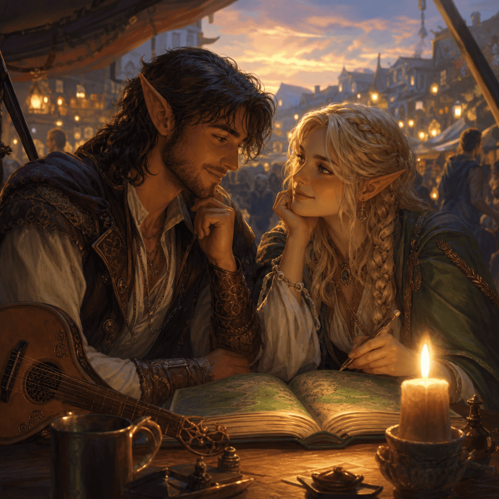 A half-elf bard and an elf cartographer share a candlelit D&D date night over an open book at a dusk market stall