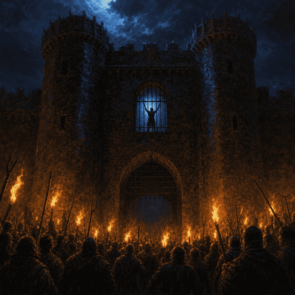 A torchlit black fortress gate in a D&D rescue mission, with a captive's silhouette in a high barred window above the mob