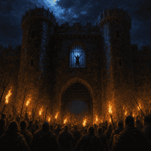 A torchlit black fortress gate in a D&D rescue mission, with a captive's silhouette in a high barred window above the mob