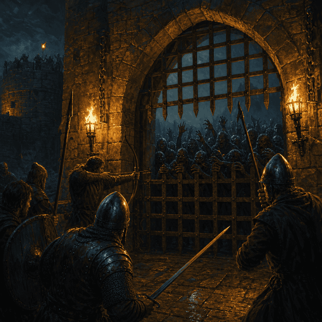 A torchlit keep gate in a D&D zombie one-shot, with shambling silhouettes pressing in from the dark as defenders brace inside