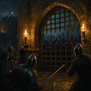A torchlit keep gate in a D&D zombie one-shot, with shambling silhouettes pressing in from the dark as defenders brace inside