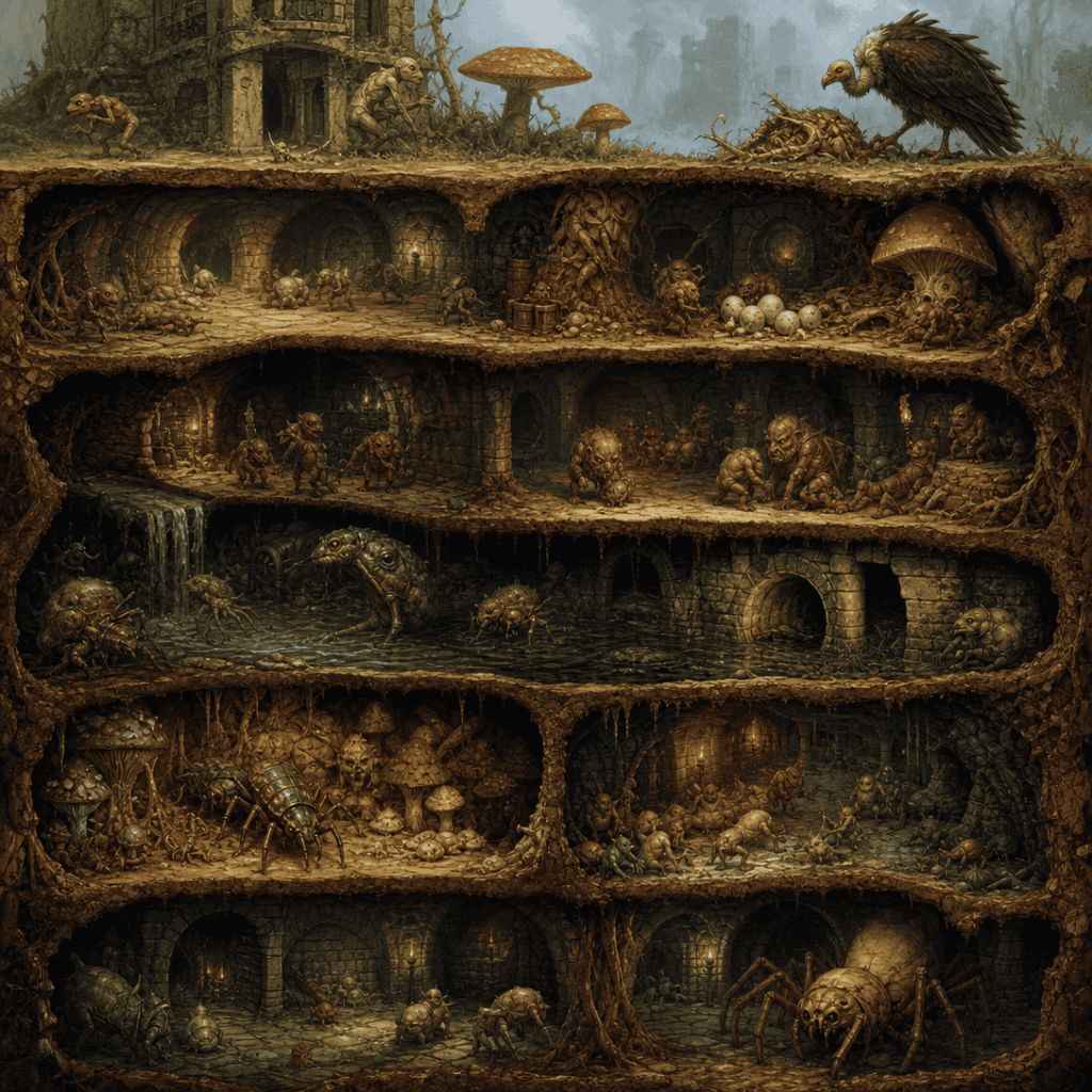 Cutaway cross-section illustrating dungeon ecology — a multi-level dungeon full of creatures, fungi, and scavengers in a living food chain