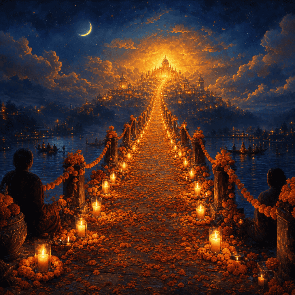 A marigold-lined spirit bridge stretching into a glowing afterlife at night, candles and petals in warm orange and gold — a Día de los Muertos D&D one-shot