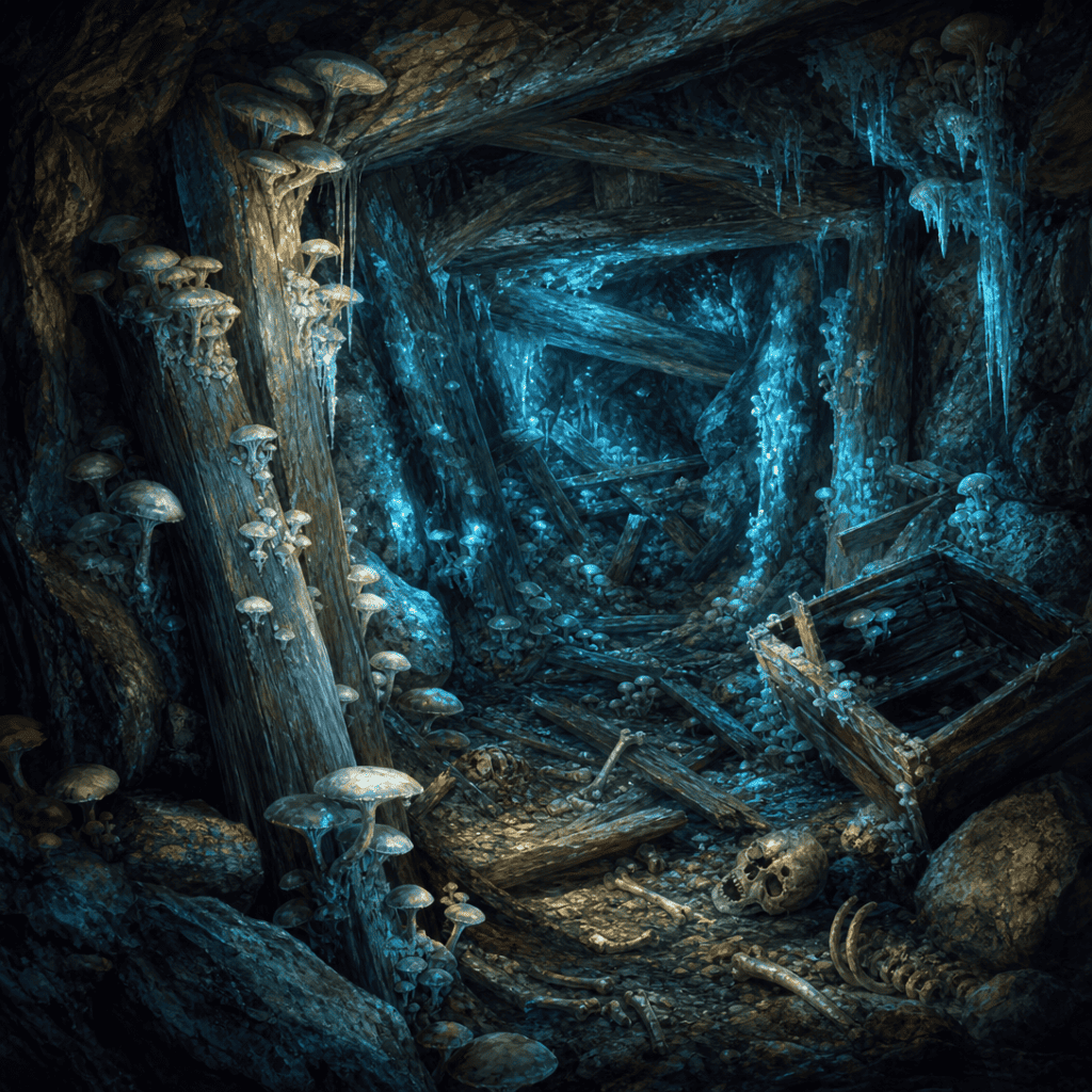A collapsed mine tunnel glowing with bioluminescent fungus overtaking timber supports and bones — fungal horror in D&D