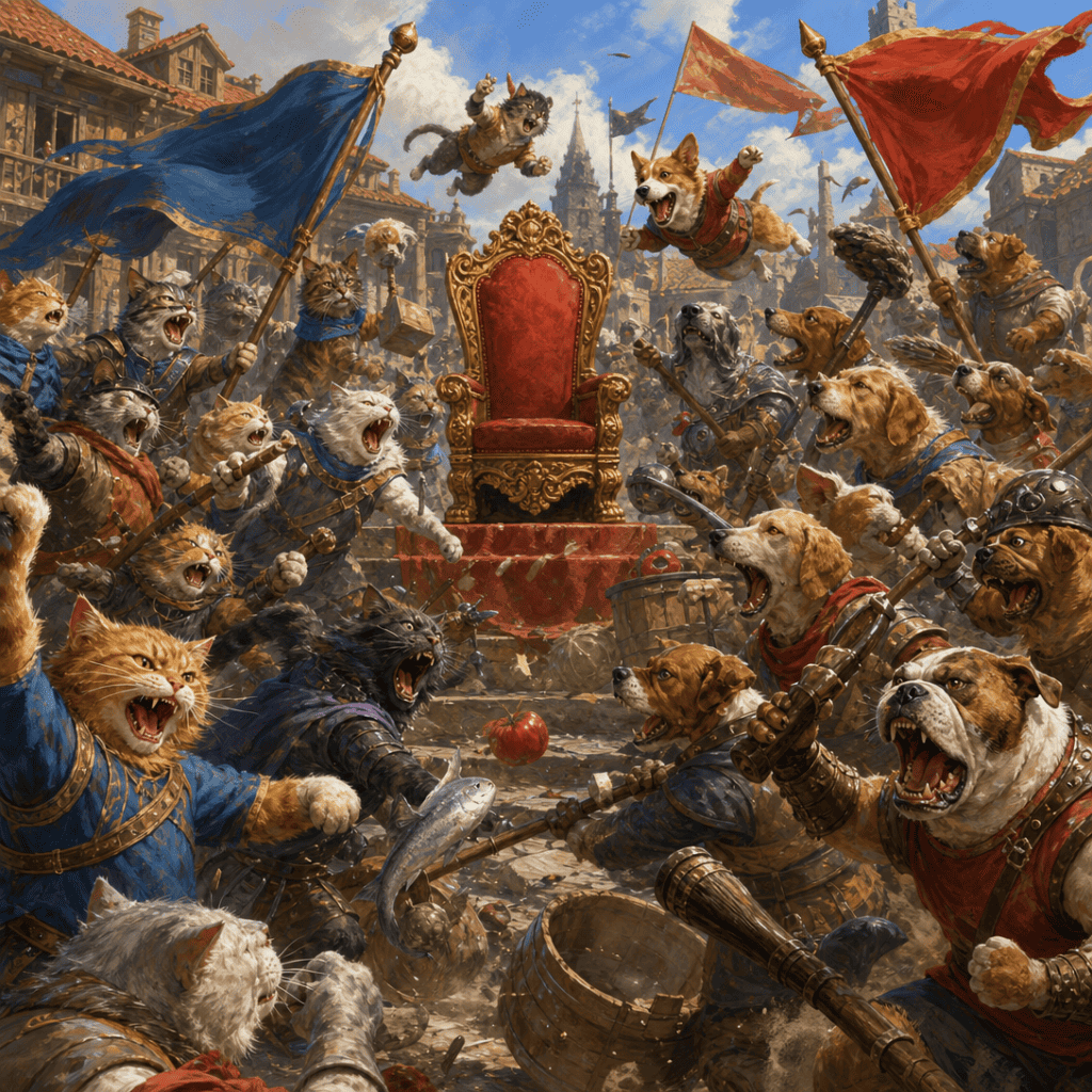 A chaotic cat-versus-dog town brawl around an empty throne — the setup for a funny D&D one-shot