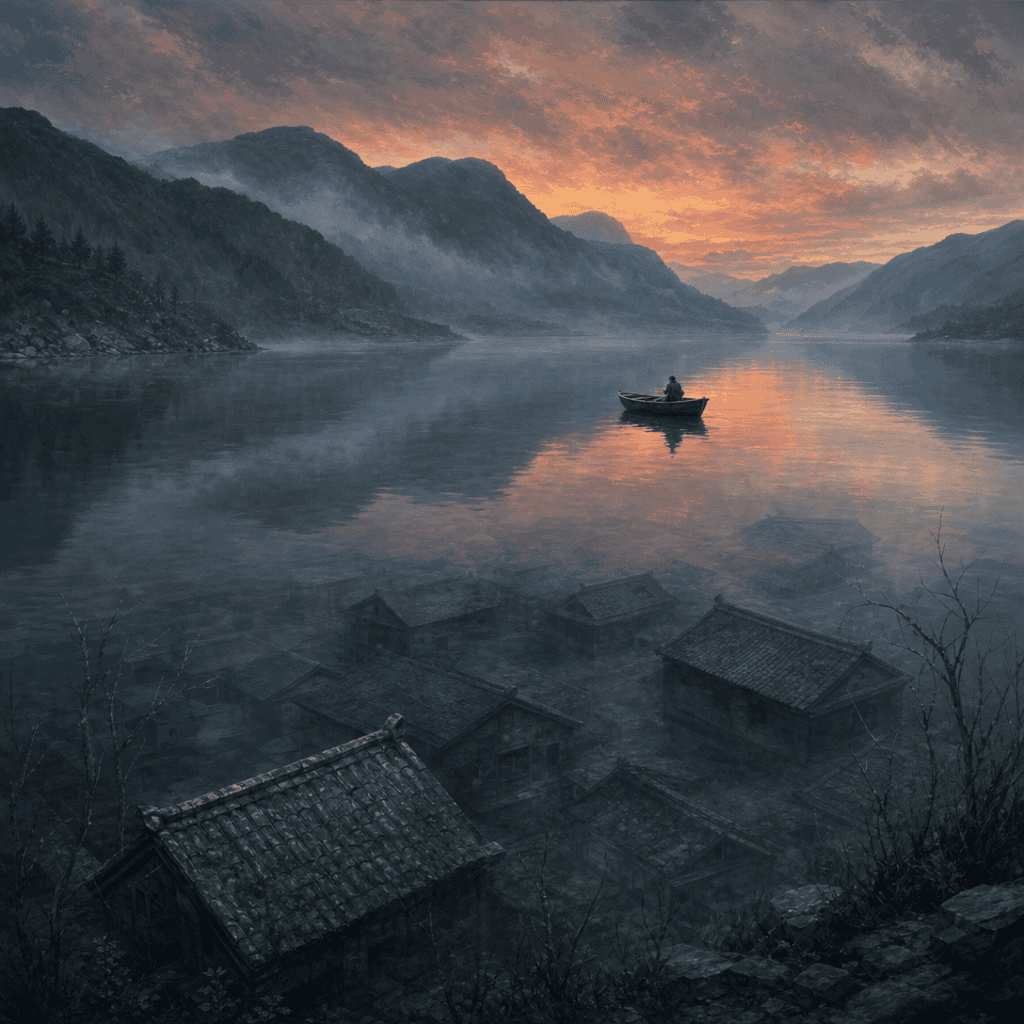 A still grey mountain reservoir at dusk with a drowned village faintly visible beneath the surface — a haunted lake for D&D water horror