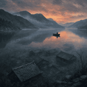 A still grey mountain reservoir at dusk with a drowned village faintly visible beneath the surface — a haunted lake for D&D water horror