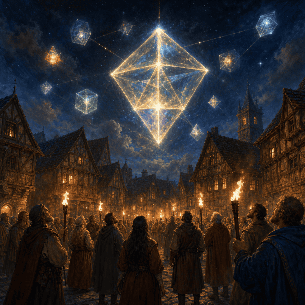 Strange geometric lights hovering over a medieval village square — sci-fi in D&D intruding on a fantasy world