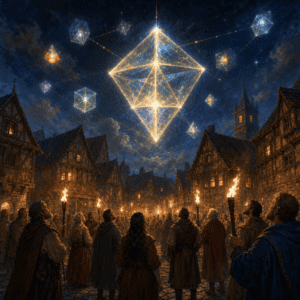 Strange geometric lights hovering over a medieval village square — sci-fi in D&D intruding on a fantasy world