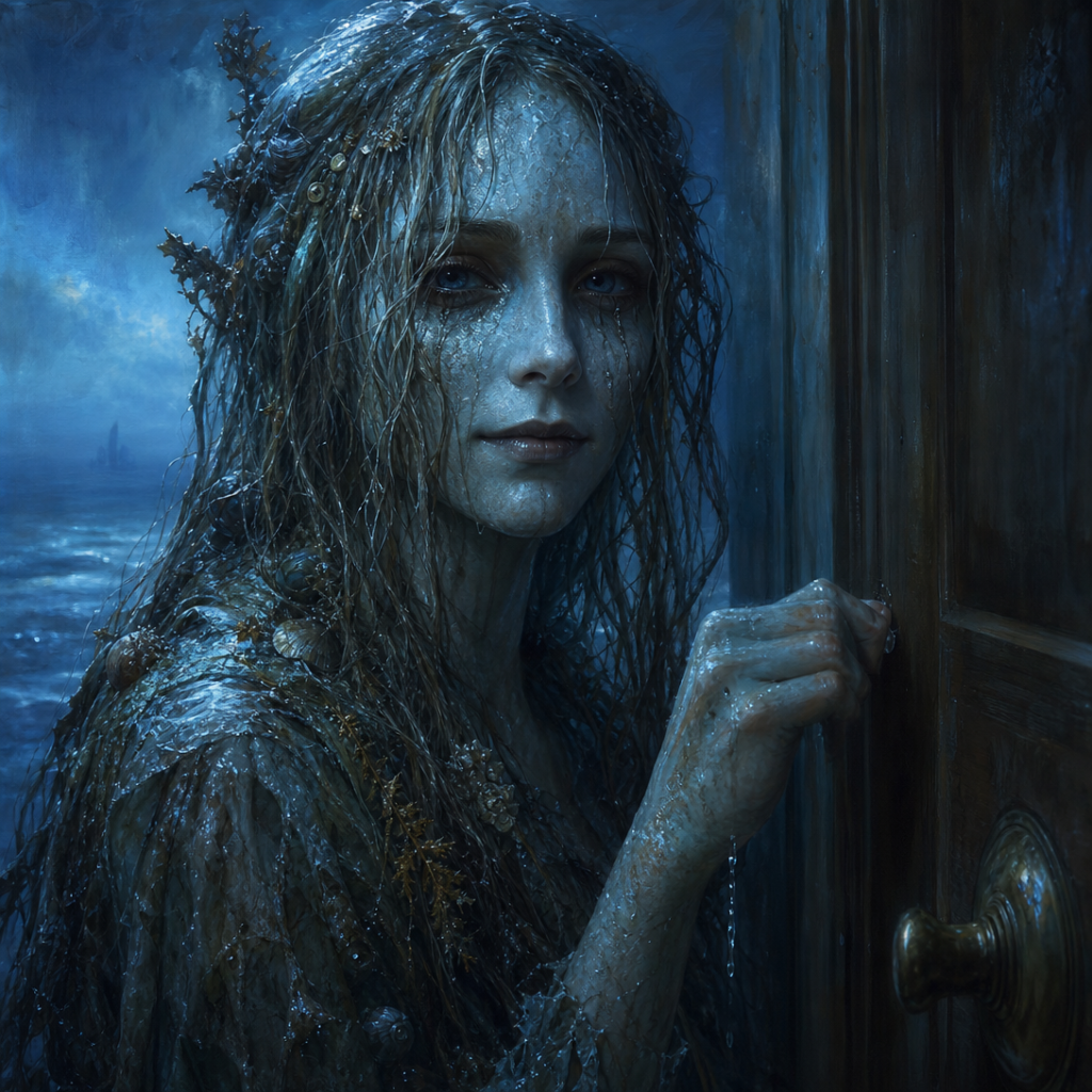 A single silent figure of the returning dead standing patiently at a candlelit door — making undead scary again in D&D