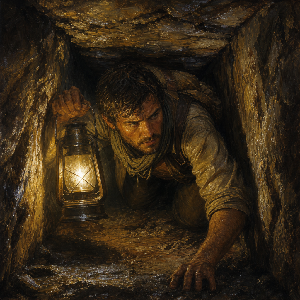 A lone adventurer squeezing through a narrow, jagged stone passage by lantern light in a claustrophobic dungeon