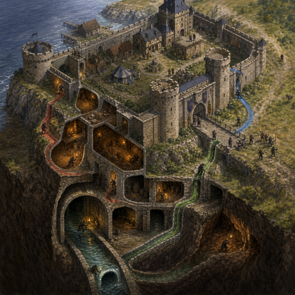 Isometric cutaway of a fortress assault in D&D, showing infiltration routes through sewers, walls, and gate with small figures