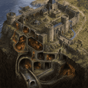 Isometric cutaway of a fortress assault in D&D, showing infiltration routes through sewers, walls, and gate with small figures