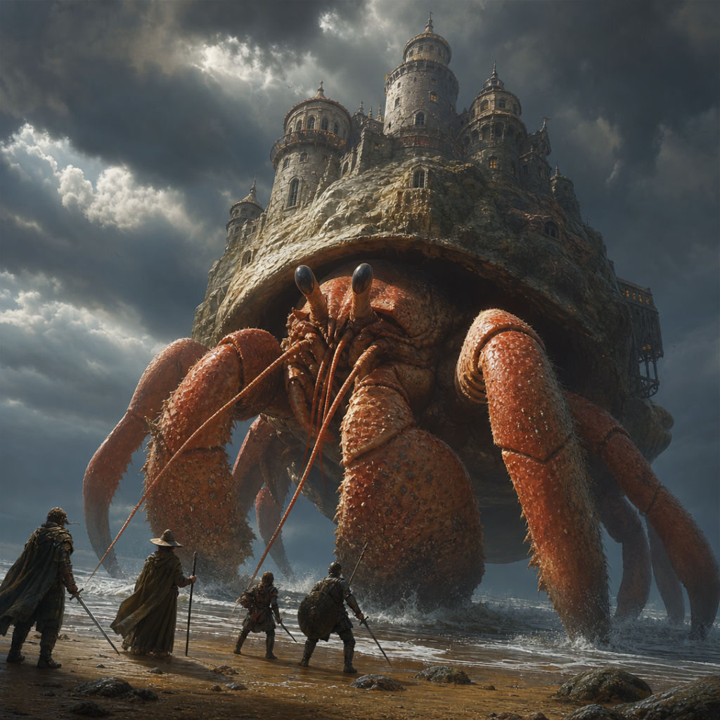 A colossal hermit-crab kaiju in 5e looming over tiny adventurers on a beach, worm's-eye view under a stormy sky