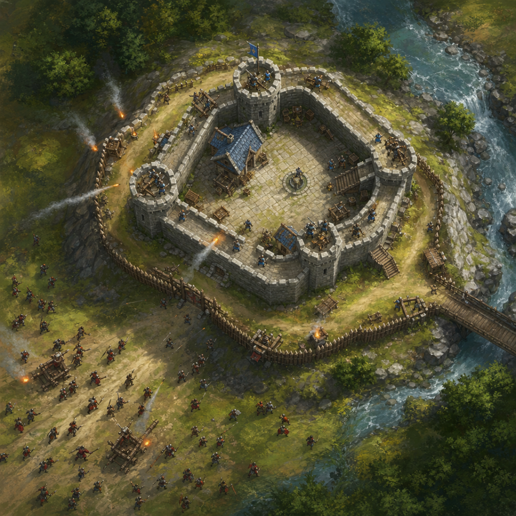 Top-down tactical view of a siege encounter in D&D — a small keep with defensive positions and approaching enemy waves