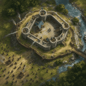 Top-down tactical view of a siege encounter in D&D — a small keep with defensive positions and approaching enemy waves