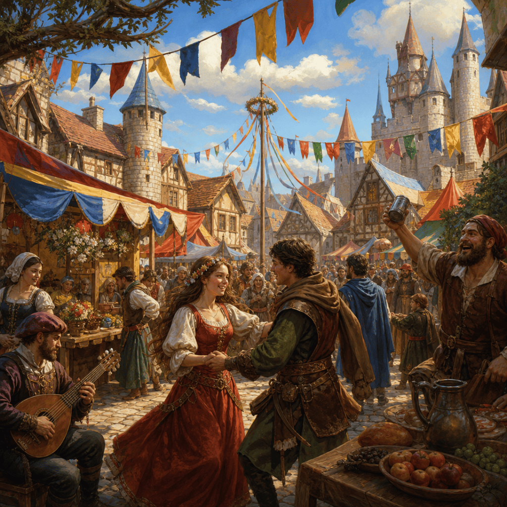 A festive medieval town fair with bunting, stalls, and crowds — the setting for a town festival adventure in D&D