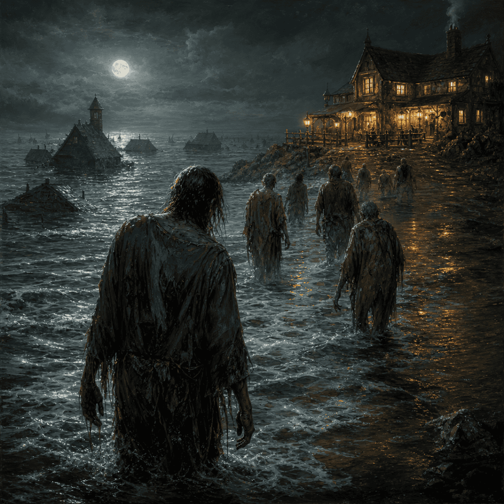 Drowned dead wading ashore from a foggy ash-grey tide toward a lit coastal inn — nautical horror in D&D