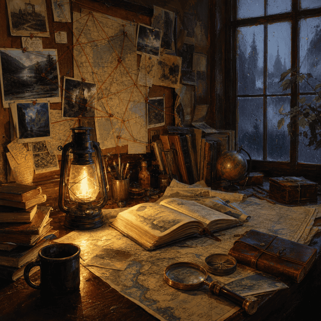 A lantern-lit investigator's desk with maps, a journal, and pinned notes connected by thread — running investigation horror in D&D
