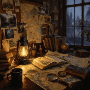 A lantern-lit investigator's desk with maps, a journal, and pinned notes connected by thread — running investigation horror in D&D