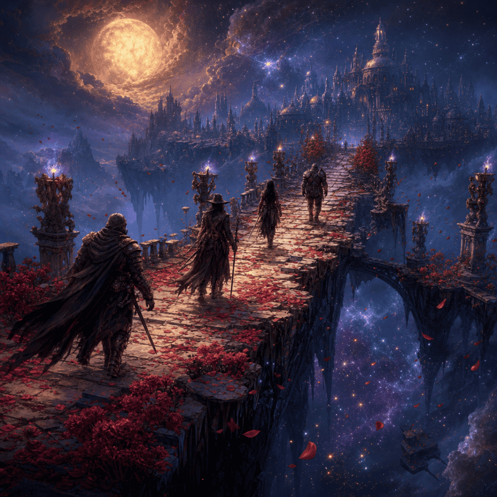 Adventurers crossing a crumbling petal-strewn bridge over a starlit void toward a distant city of the dead — a land of the dead adventure in D&D