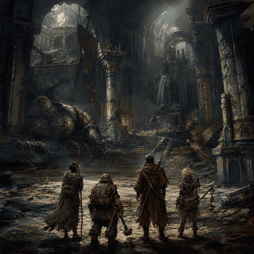 Four scrappy, mismatched adventurers standing small before the ruined grandeur of a dungeon trashed by greater heroes — an underdog party in D&D