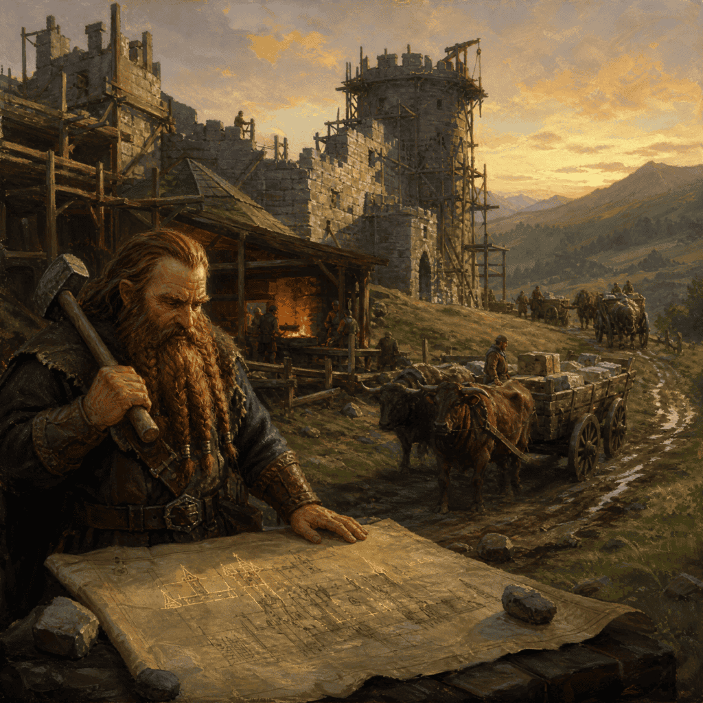 Base building LitRPG — half-built keep with dwarf builder reading rune blueprint