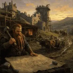 Base building LitRPG — half-built keep with dwarf builder reading rune blueprint