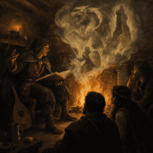 Best LitRPG audiobooks — bard reading aloud as firelight smoke forms story scenes