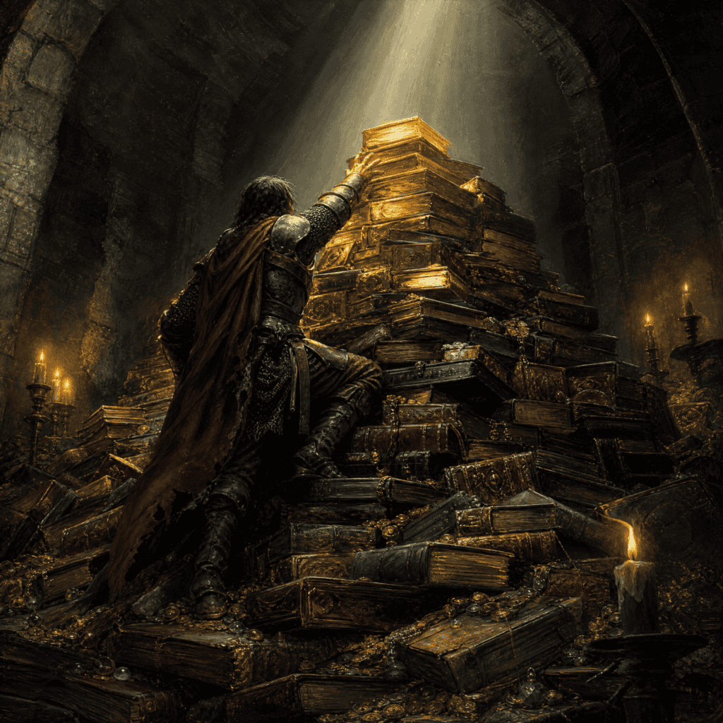 Best LitRPG series — hoard of glowing books in a treasure vault