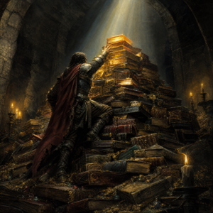 Best LitRPG series — hoard of glowing books in a treasure vault