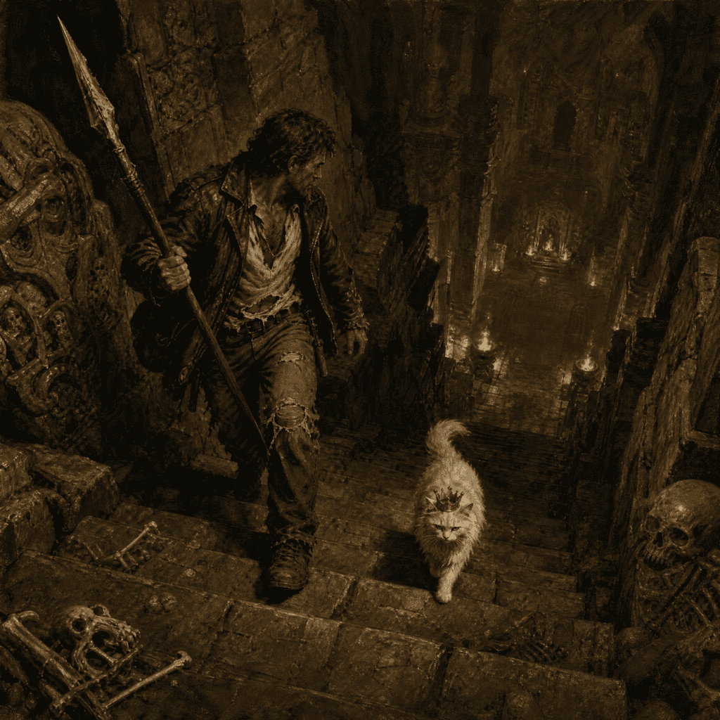 Books like Dungeon Crawler Carl — man and crowned cat descending a dungeon staircase