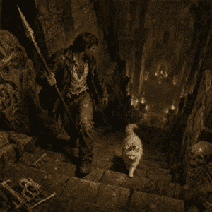 Books like Dungeon Crawler Carl — man and crowned cat descending a dungeon staircase