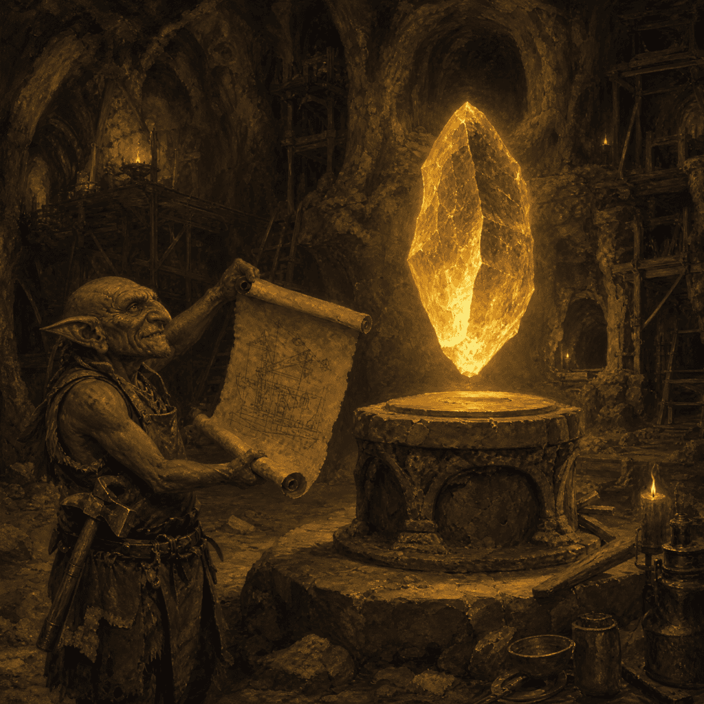 Dungeon core books — glowing crystal core with goblin foreman presenting plans