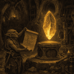 Dungeon core books — glowing crystal core with goblin foreman presenting plans